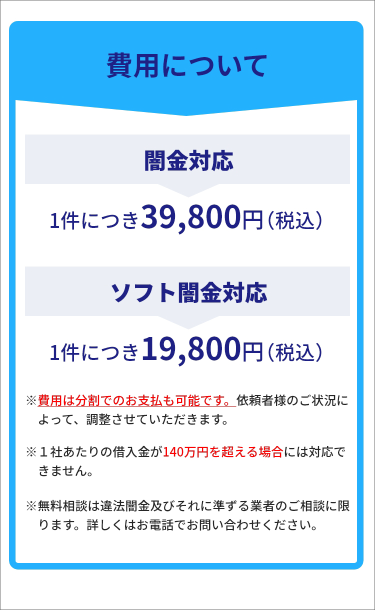 費用について、闇金対応 1件につき39,800円、ソフト闇金対応 1件につき19,800円